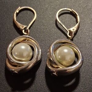 Vintage Sterling Silver 925 and Genuine Pearl Spinner Geometric Earrings.